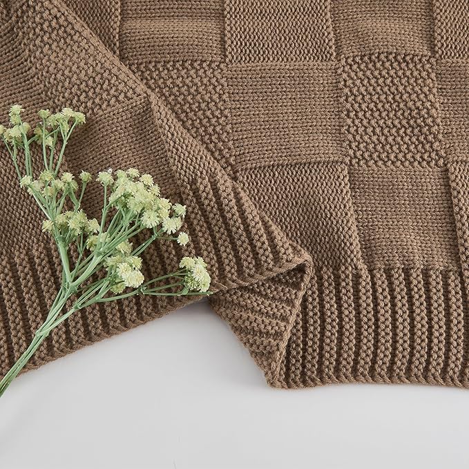 CozeCube Check Knit Throw Blanket, Light Brown Checkered Throw for Couch, Decorative Christmas Soft Cozy Warm Knitted Blanket for Bed Sofa Living Room, 60"X80"