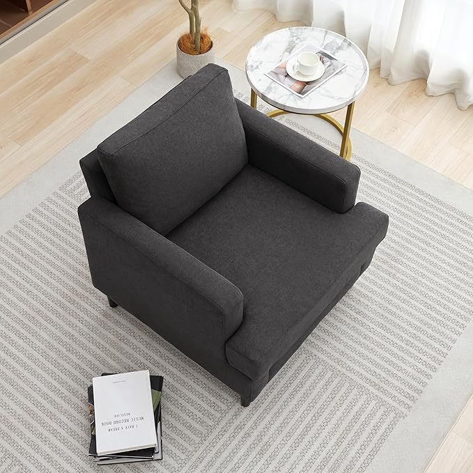 Mid-Century Accent Chair,Modern Linen Fabric Armchair for Living Room,Comfy Upholstered Reading Accent Chairs for Bedroom,Single Sofa Chair with Wood Legs (Dark Grey, 1 Pack)