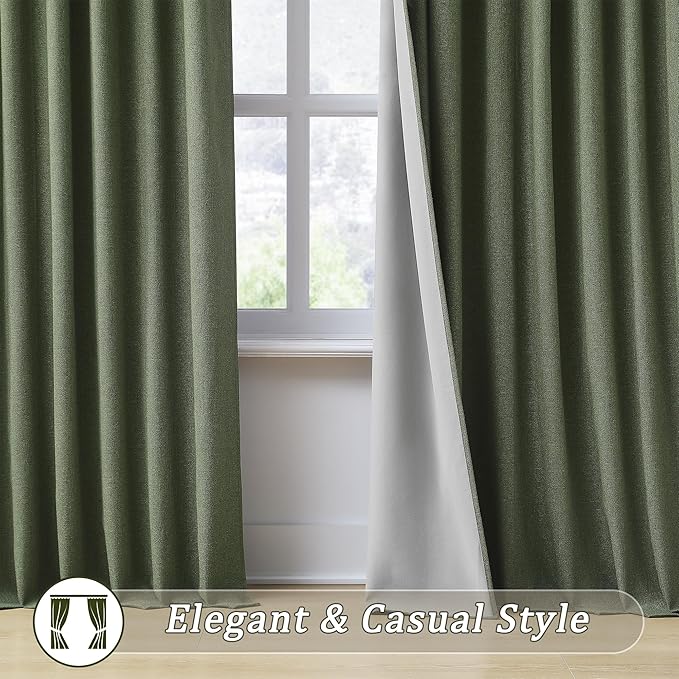 RAIN CITY Extra Wide Linen Blackout Curtains & Drapes with Hooks 70 in Width for 60&72 Inch Window 2 Panels,Back Tab Pleated Curtains for Track System Sliding Glass Door 70x108,Loden Olive Green