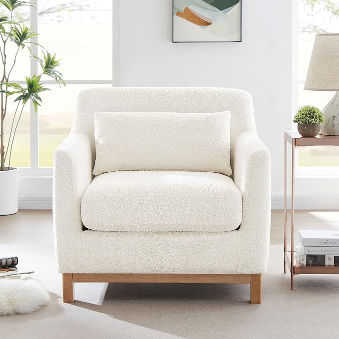 Extra Deep Accent Chair, Fabric Upholstered Comfy Reading Armchair for Living Room, Bedroom Single Seat Sofa Chair with Wood Base, Lamb Fabric