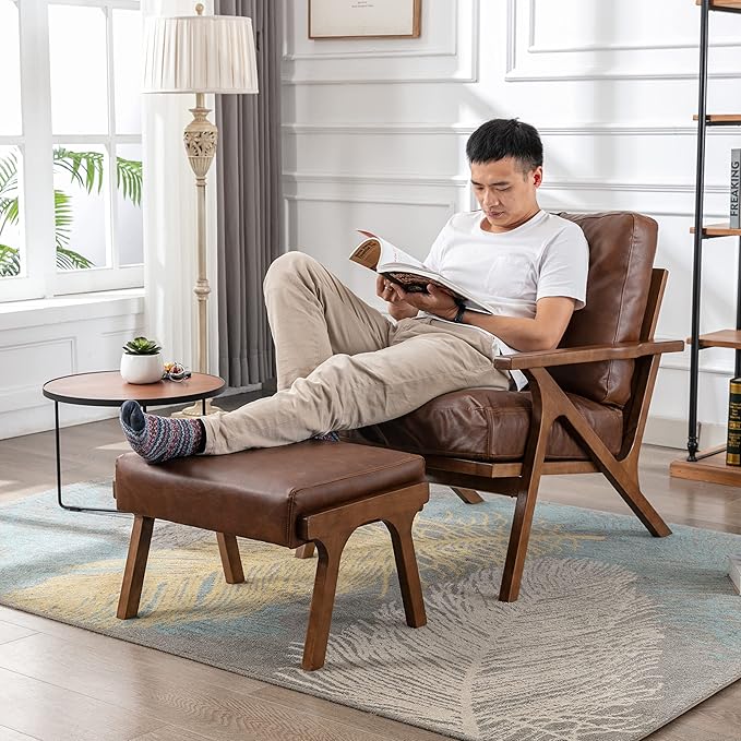 chairus Mid-Century Modern Accent Chair with Ottoman, Faux Leather Armchair with Wood Legs Comfy Upholstered Single Sofa Chair for Living Room/Bedroom/Lounge, Brown
