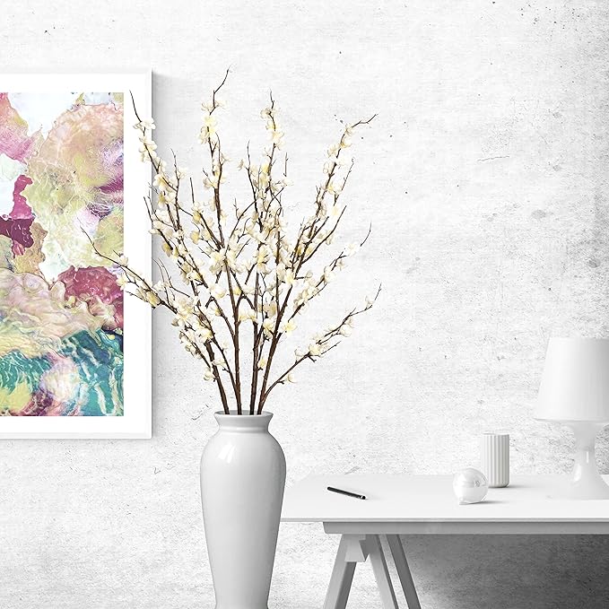 4Pcs Cherry Blossom Branches Artificial Flowers for Spring Summer Indoor Decoration,Faux Long Stem Artificial Flowers for Wedding Home Office Bedroom Party Table Centerpieces Decor(White)