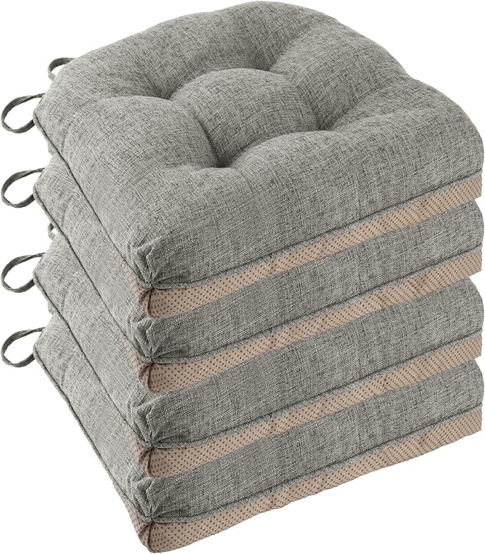 Non Slip Chair Cushions for Dining Chairs Set of 4 Kitchen Chair Cushions 18"x18"x3" Turfted Chair Pads Comfortable and Soft Seat Cushion with Ties, Light Grey