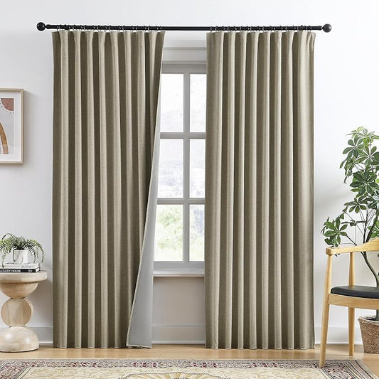 RAIN CITY Light Taupe Blackout Linen Blend Curtains 2 Panels,70 Wide Back Tab Pinch Pleated Look Window Drapes with Hooks,Track System Curtain Panels for Sliding Door Modern Farmhouse 70x90 Inch