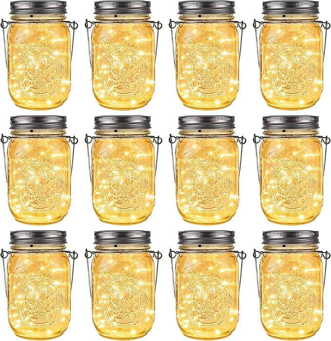GIGALUMI Solar Mason Jar Lights, 12 Pack 30 Led String Fairy Lights Garden Lights Outdoor Waterproof Metal Lid Hanging Solar Lanterns for Outdoor, Garden, Patio, Lawn, Balcony Decoration