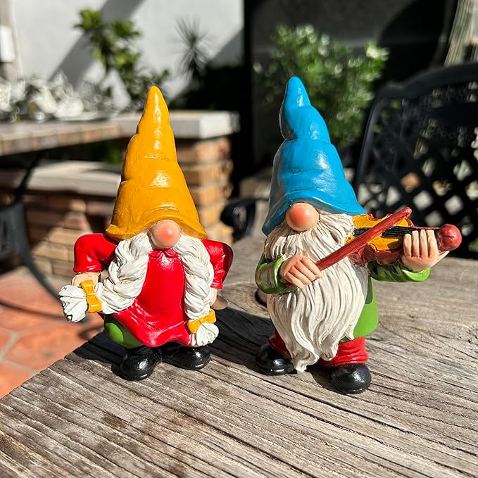 Garden Gnome Duo Decorative Figurines 5.5“ Ornament for Indoor Outdoor Home Garden Decor，Musical Violin Player and Dancing, Colorful Outdoor Statues, Set of 2
