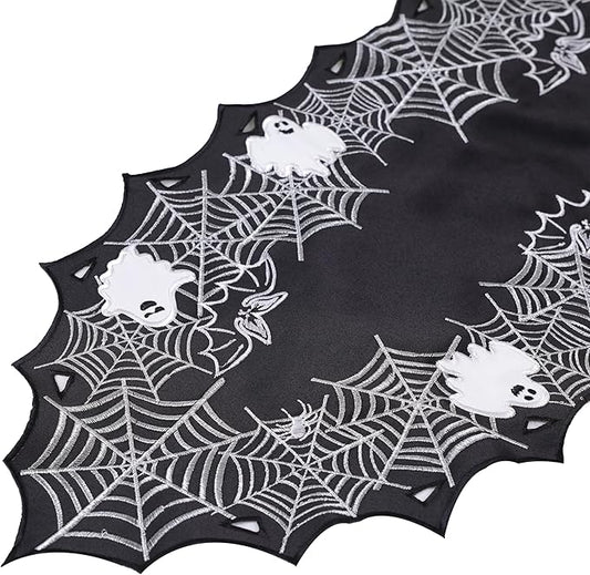Chlophy Halloween Table Runner Black Spider Web Table Runner Gothic Embroidered for Kitchen Dining Halloween Décor Home Party Table Decoration 54in
