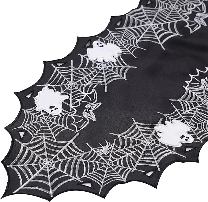 Chlophy Halloween Table Runner Black Spider Web Table Runner Gothic Embroidered for Kitchen Dining Halloween Décor Home Party Table Decoration 36in