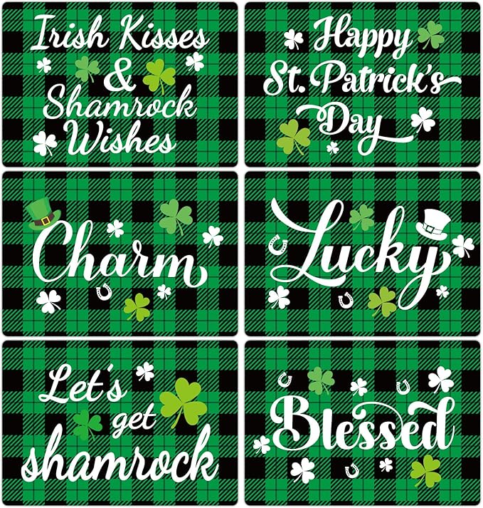 St. Patrick’s Day Placemats Set of 6 Buffalo Plaid Plastic Table Mats Lucky Shamrock Place Mats Blessed Holiday Table Decoration for Indoor Outdoor Party Kitchen Dining