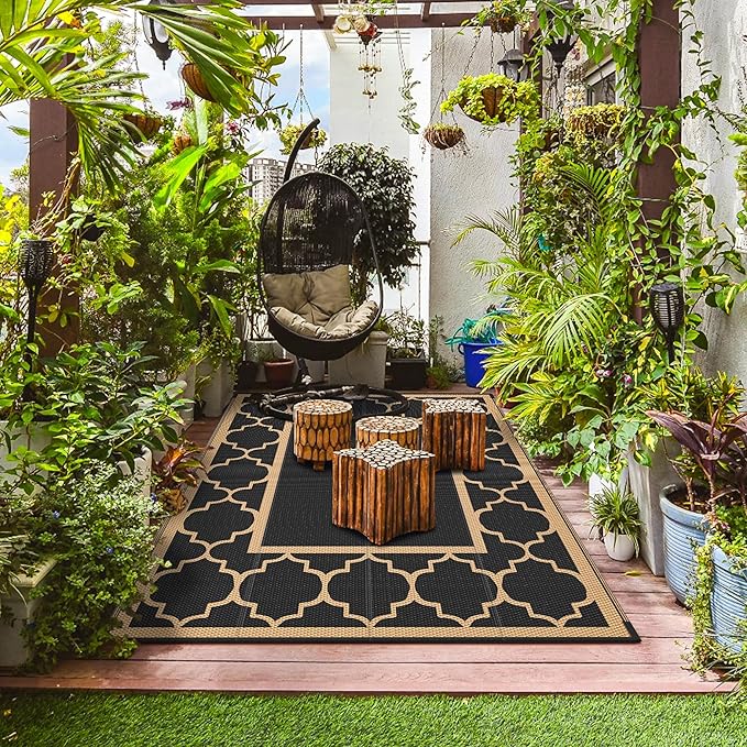 GENIMO Outdoor Rug 9' x 12' Patio Waterproof, Foldable Reversible Plastic Straw Area Rugs Mat for Camper Decor, Outside Carpet for Rv, Deck, Porch, Picnic, Beach, Balcony, Black & Brown