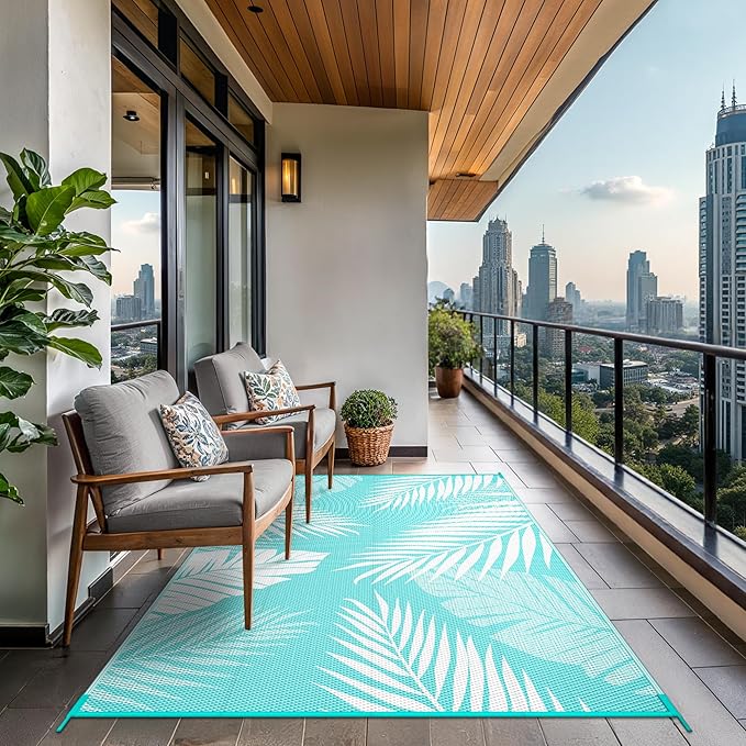 GENIMO Outdoor Rug 6' x 9' Waterproof for Patios Clearance, Reversible Outdoor Plastic Straw Camping Rug Carpet, Large Area Rugs Mats for RV, Camper, Deck, Balcony, Porch, Beach, Aqua Blue&White