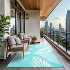 GENIMO Outdoor Rug 9' x 12' Waterproof for Patios Clearance, Reversible Outdoor Plastic Straw Camping Rug Carpet, Large Area Rugs Mats for RV, Camper, Deck, Balcony, Porch, Beach, Aqua Blue&White