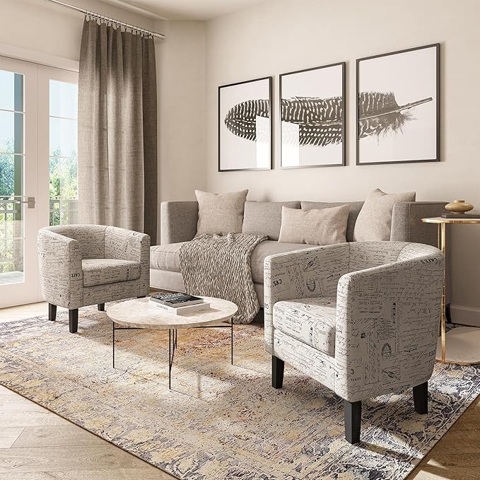 BELLEZE Accent Barrel Chair, Linen Round Chair Club Tub Sofa Corner Chair with Flared Legs and Cozy Soft Padding for Living Room Bedroom Waiting Room - Black & Beige