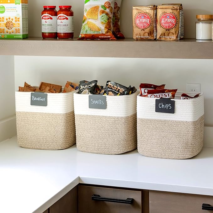 NaturalCozy 13 Inch Cube Storage Bins Cotton Rope Woven Baskets for Organizing 3-Pack | 13 x 13 Storage Cubes | Fabric Square Storage Baskets for Shelves Organizer, Kids Toy Bins, Closet Baby Nursery