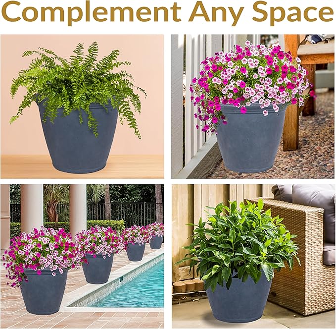 Sunnydaze 24-Inch Anjelica Large Plastic Pot for Plants - Outdoor Polyresin Round Planter with Drillable Drainage Holes - Slate - 2pk