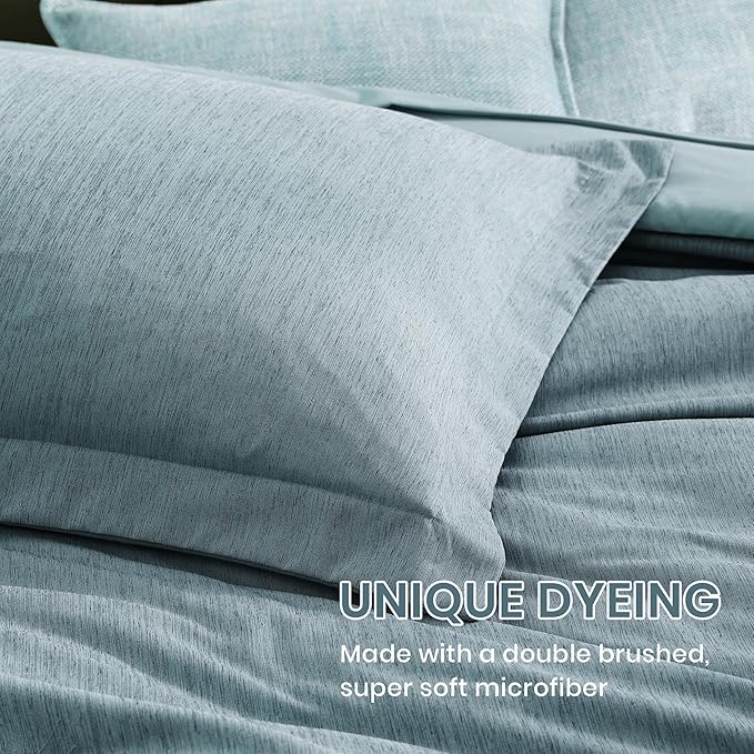 Monbix Queen Comforter Set - 7 Pieces Dusty Blue Cationic Dyeing Bed in a Bag Queen Bedding Sets with Sheets, Pillowcases & Shams, Reversible Bedding Comforters