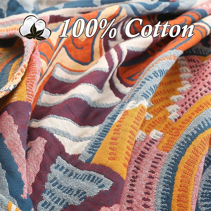 Snycler Boho Throw Blanket for Bed - 100% Cotton Ultra Soft Rustic Quilt Fall Blanket - Orange Floral Printed Farmhouse Decor Bed Blankets, 60"×80" All Season Rustic Throw for Sofa Couch Chair