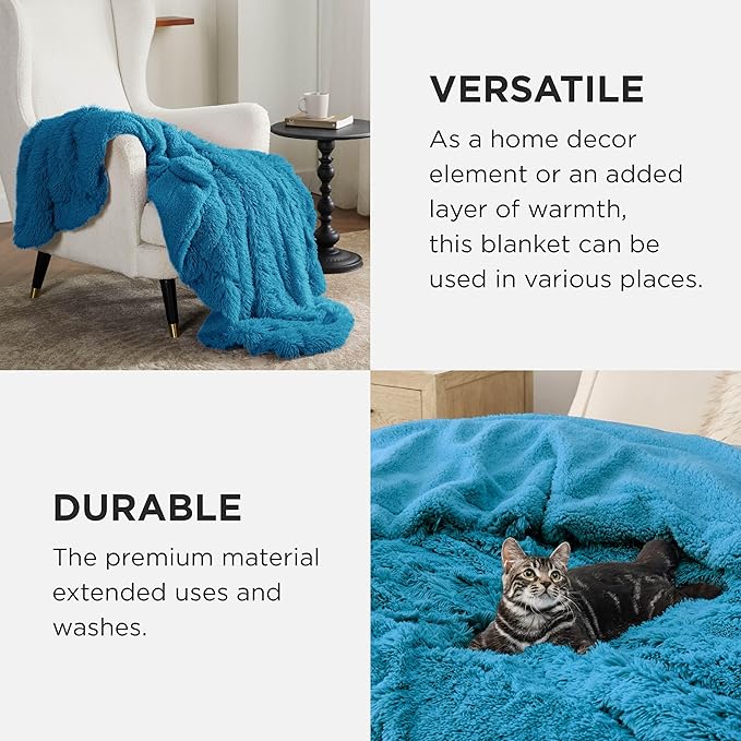Bedsure GentleSoft Fluffy Bright Blue Blankets Queen Size for Bed, Thick Sherpa Faux Fur Fleece Fuzzy Plush Winter Warm Soft Queen Blankets, Bedroom Decor Blue Cozy Gifts for Women Men, 90x90
