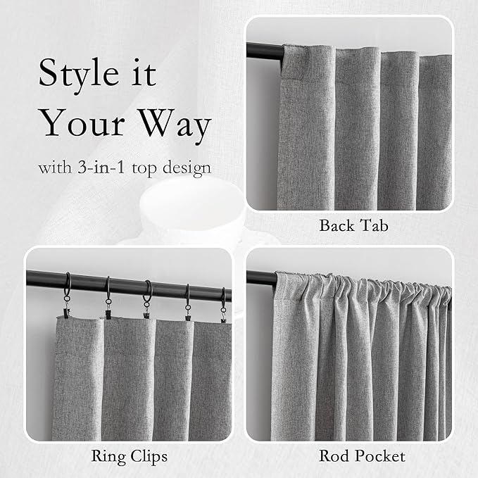 MYSKY HOME Grey Curtains for Bedroom 63 Inch Length Semi Sheer Kitchen Window Curtain Panels Linen Look Texture Light Filtering Privacy Drapes, Farmhouse Home Decor, 50" x 63", Dove Grey, 2 Pieces