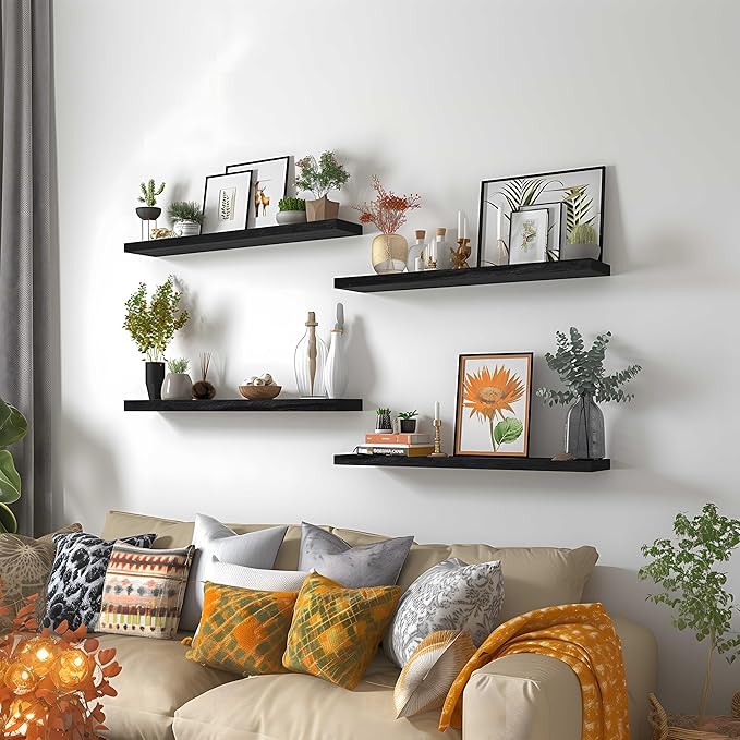 24 Inch Floating Shelves for Wall Rustic Black Wood Wall Shelves for Bedroom Set of 4