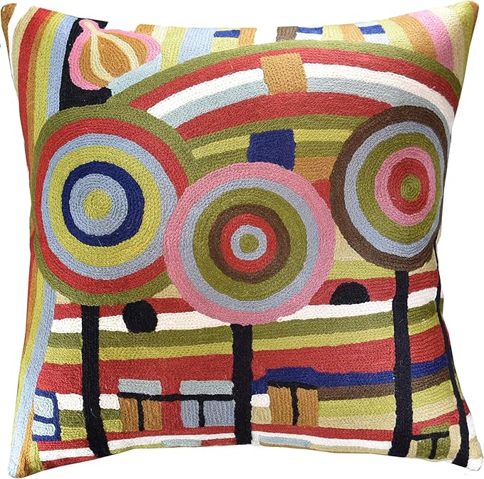Hundertwasser Modern Pillow Cover Beloved Gardens Accent Outdoor Pillows Art Deco Couch Cushion Farmhouse Chair Cushions Hand Embroidered Wool Size 18x18