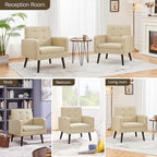 Yaheetech Mid-Century Accent Chairs, PU Leather Modern Upholstered Living Room Chair, Cozy Armchair Button Tufted Back and Wood Legs for Bedroom/Office/Cafe Beige