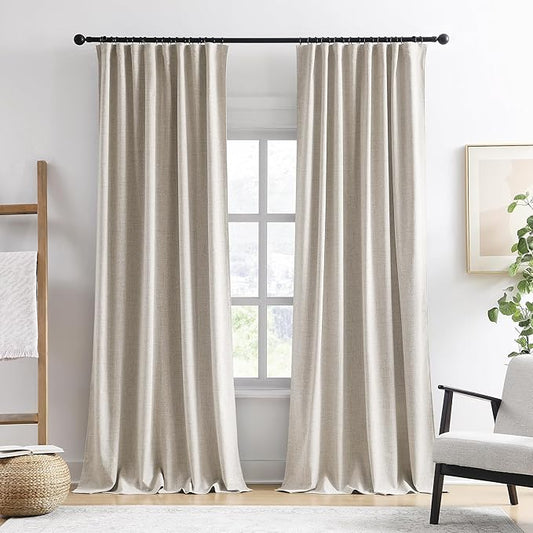 RAIN CITY Linen Blackout Curtains 108 in Long 2 Panels,Total 100 in Wide Elegant Sunroom Completely Shaded Drapes for Sliding Door Back Tab Pleated Heading Tape with Hooks, Beige 50x108