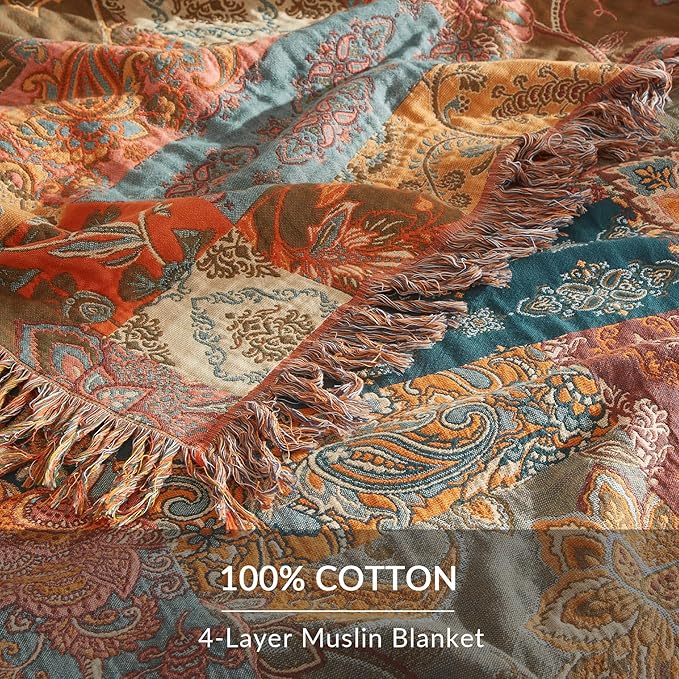 Boho Throw Blanket for Couch Sofa Bed, 100% Cotton Woven Quilt with Tassel 60”x80”, Super Soft Muslin Blanket with Floral Printed, Decorative Reversible Bed Blanket/Cover for All Seasons