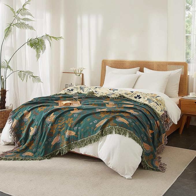 Boho Throw Blanket for Bed 80”x90”, 100% Cotton Woven Blanket for Couch Sofa, Ultra Soft 4-Layer Muslin Quilt with Bird Floral Printed, Farmhouse Bed Blanket/Cover for Living Room Decor
