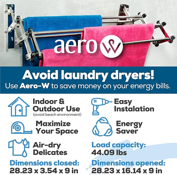 AERO W Racks Stainless Steel Wall Mounted Collapsible Laundry Clothes Drying Rack 45 Pound Capacity 11 Linear Ft