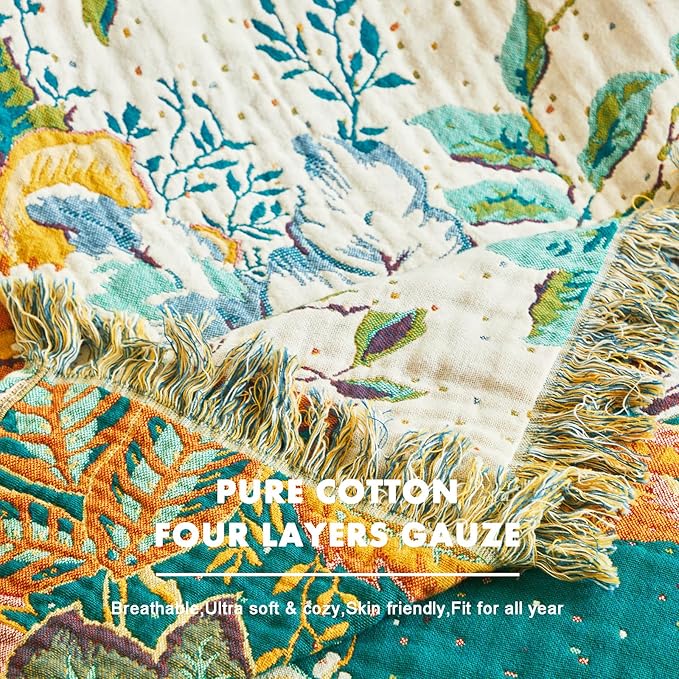 MSGKV Boho Throw Blanket for Bed Twin Size Cotton Muslin Breathable Vine Blanket 60"x80" Sofa Couch Blankets for All Seasons Lightweight Farmhouse Blankets Boho Home Decor