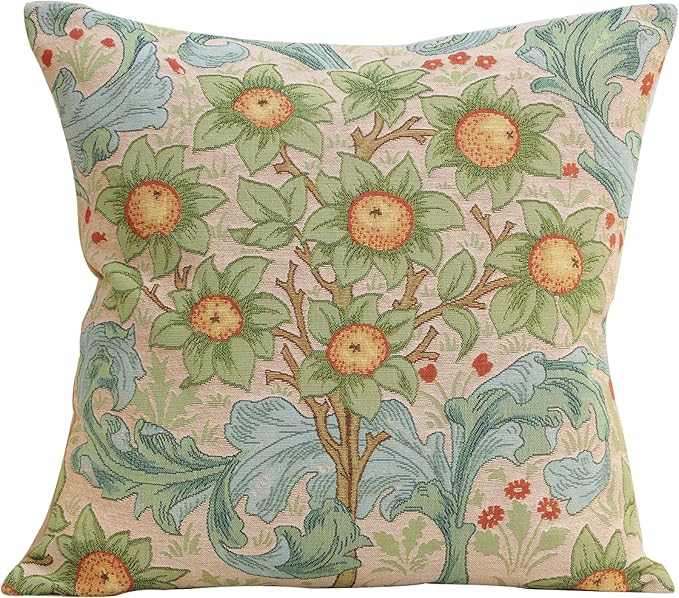 Charlotte Home Furnishings Decorative Tapestry Pillow Cover 19x19 in, Orange Tree Couch Throw Pillow Cover, French Country Square Cushion Cases for Living Room Home Decor, Soft Cotton Jacquard Woven