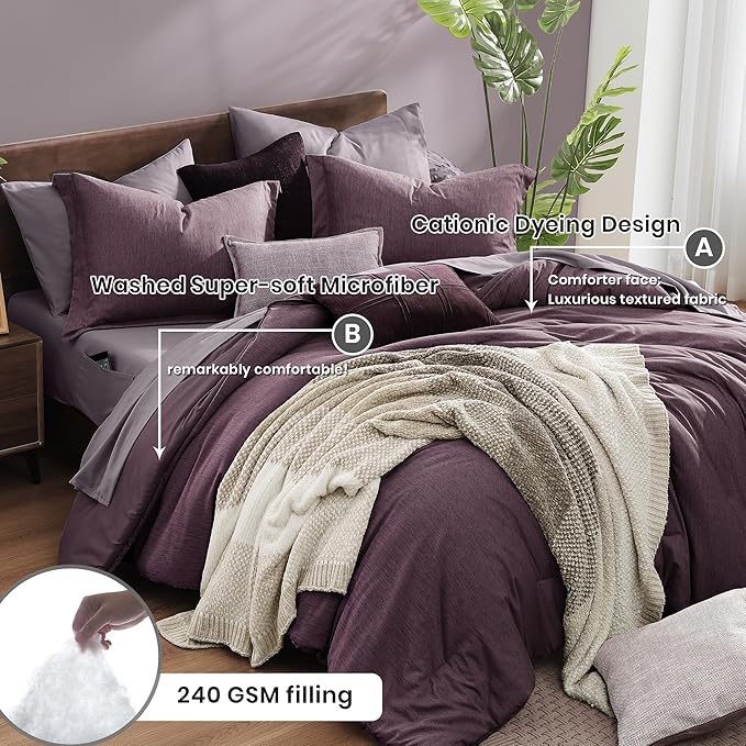 Monbix Queen Comforter Set - 7 Pieces Cationic Dyeing Italian Plum Bed in a Bag Queen Bedding Sets with Comforter, Sheets, Pillowcases & Shams, Reversible Bedding Comforters Sets