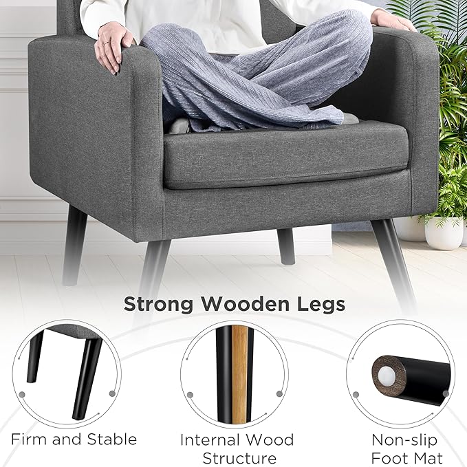 Yaheetech Modern Living Room Chair, Mid-Century Armchair Button Tufted Back and Wood Legs, Vintage Lounge Chair for Bedroom/Home Office/Study, Gray
