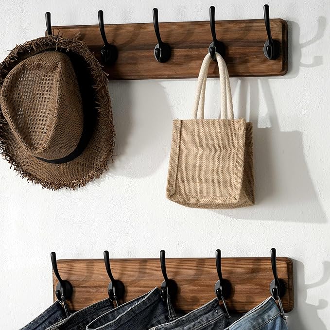 SKOLOO Rustic Wall Mounted Coat Rack with 16 Inch Mounting Hole Distance, Pine Solid Wood Coat Hook Hanger - 5 Hooks for Hanging Clothes Robes Towels Coats