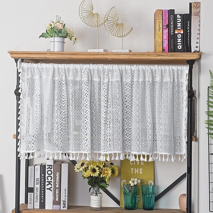 Sutuo Home Boho Sheer Curtain Valance Tier Crochet Lace with Bohemian Hollow Knitted Handmade Tassels, Short Farmhouse Window Treatment for Kitchen Cafe, Rod Pocket, 1 Panel 59" W x 36" L, White