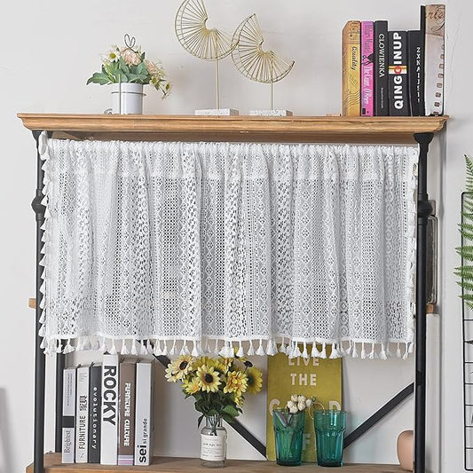 Sutuo Home Boho Sheer Curtain Valance Crochet Lace with Bohemian Hollow Knitted Handmade Tassels, Short Farmhouse Window Treatment for Kitchen Cafe, Rod Pocket, 1 Panel 59" W x 18" L, White