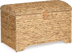 Handwoven Storage Basket with Lid, 178L Wicker Storage Bin, Natural Water Hyacinth, Leather Buckle & Metal Frame, Metal Ring Handles for Easy Transport, Storage Chest & Trunk for Bedroom, Living Room