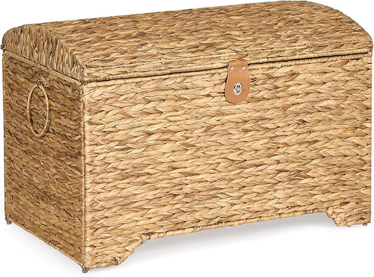 Handwoven Storage Basket with Lid, 178L Wicker Storage Bin, Natural Water Hyacinth, Leather Buckle & Metal Frame, Metal Ring Handles for Easy Transport, Storage Chest & Trunk for Bedroom, Living Room