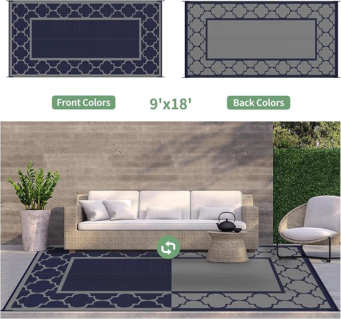 GENIMO 9 ' x 18 ' Outdoor Rug Waterproof for Patio Decor, Foldable Reversible Plastic Straw Area Rugs Mat for Camper, Outside Carpet for Rv, Deck, Porch, Picnic, Beach, Balcony, Blue & Grey