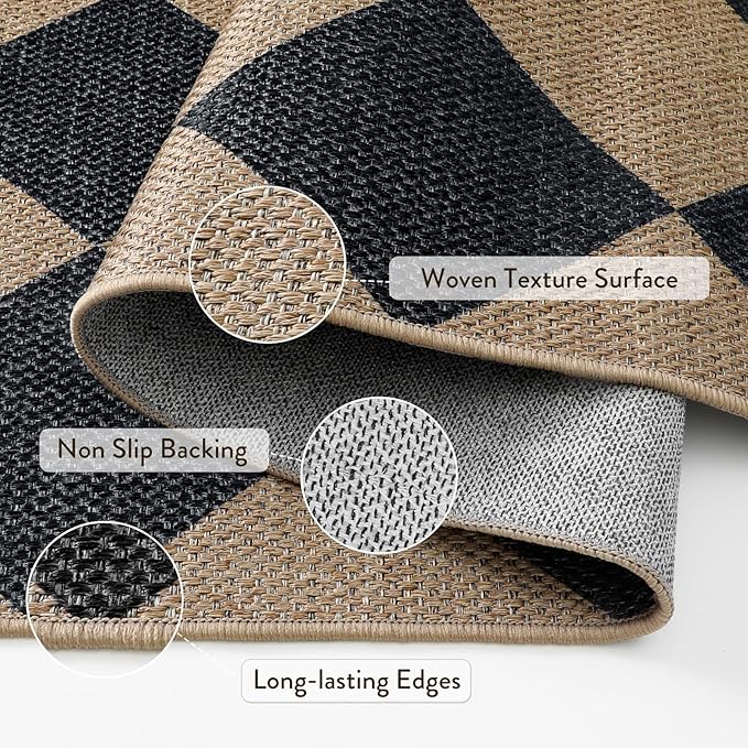 Lahome Checkered Round Rug 3ft, Circle Indoor Outdoor Entryway Patio Rug Washable Easy Jute Rug, Farmhouse Non Slip Small Round Rugs for Bedroom Porch Living Room Decor