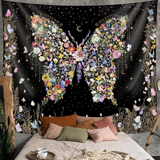 Damanse Butterfly Tapestry Wall Hanging Cute,Boho Wall Tapestry for Bedroom Aesthetic,Flower Living Room Decor for Teen Girls (Black, 59.80" x 78.70")