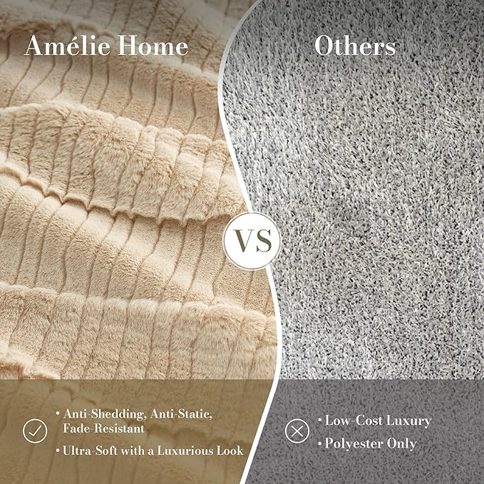 Amélie Home Luxury Striped Faux Fur Throw Blanket for Couch, Embossed Split Fur Cozy Fuzzy Fluffy Luxurious Soft Plush Sofa Chair Bed Gift Blankets for Women Men Wife Friend, 88"x90", Beige