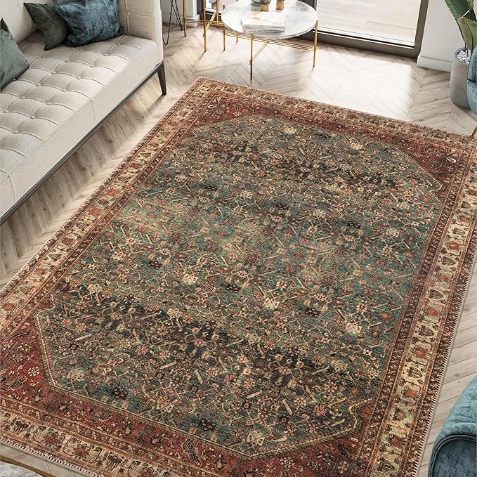 Keen Home Design 6x9 Rug - Machine Washable Area Rug with Non-Slip Backing, Ideal for Living Room, Dining Room, Bedroom - Vintage, Easy Clean, Durable, Low Pile Rug - (6' x 9')