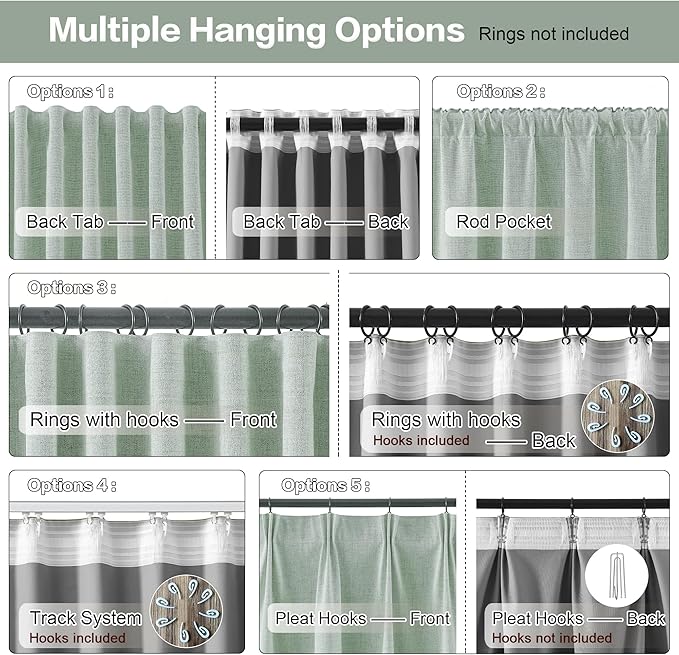 RAIN CITY Light Green Linen Blackout Curtains 63 Inch Long for Living Room,2 Panels Pinch Pleated Drape with Hooks Back Tab Boho Decor, Textured Full Black Out Curtains for Bedroom 50 x 63