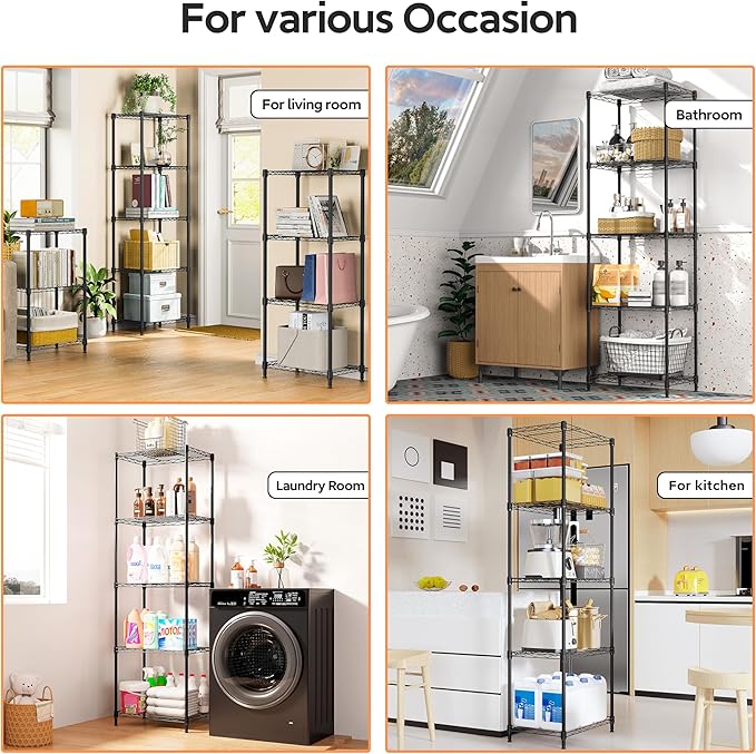 5 Tiers Shelf Metal Storage Shelves Wire Rack Closet Organizers with Wheel for Garage Kitchen Bathroom Laundry Black 11.8" D x 17.7" W x 55" H