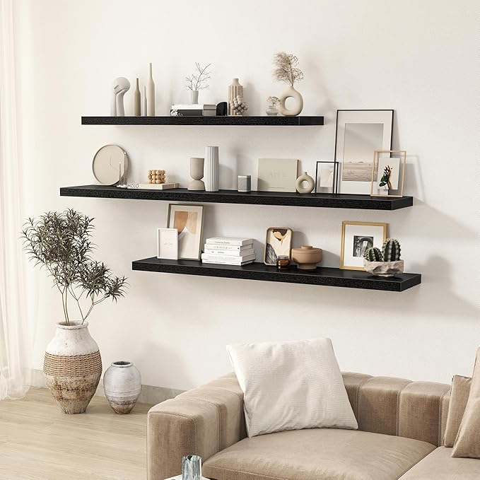 Black Floating Shelves Wall Shelf 48 Inch, 9.3 Inch Deep Floating Shelf for Wall, Farmhouse Black Wood Shelves Invisible Bracket for Living Room, Bedroom, Kitchen, 48 x 9.3 x 1.4 Inch, Set of 2