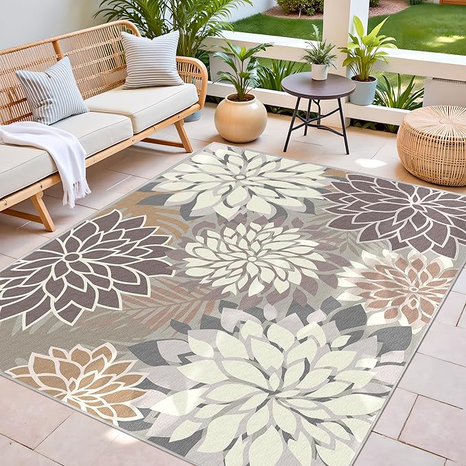 Indoor Outdoor Area Rug Washable Multicolored Patio Rug Tropical Botanical Modern Floral Indoor Outdoor Carpet Brown White Rug Non Slip Non Shedding for Patio, Deck, Backyard, Porch (6x9)