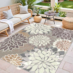 Indoor Outdoor Area Rug Washable Multicolored Patio Rug Tropical Botanical Modern Floral Indoor Outdoor Carpet Brown White Rug Non Slip Non Shedding for Patio, Deck, Backyard, Porch (6x9)