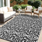OLANLY Outdoor Rug Waterproof 8x10 ft Clearance, Reversible Outdoor Plastic Straw Rug with Floral Pattern, RV Mat for Patio, Camping, Balcony, Deck, Backyard, Black & White